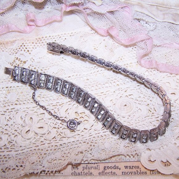 Art Deco Catamore Sterling Silver Rhinestone Line Bracelet - 7" Long - Picture 7 of 11